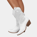Perforated Panel Scallop Topline Stacked Heel Western Mid Calf Boot