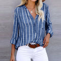 Striped Linen V Neck Long Sleeve Oversized Casual Blouse