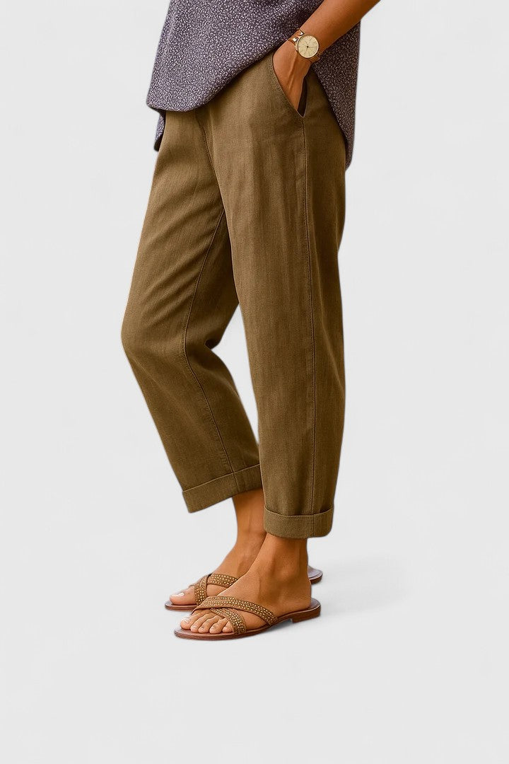 Tailored Cuff Hem Pocket Straight Leg Linen Pant