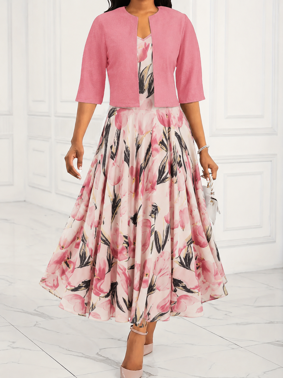 Floral Swing Maxi Dress and Cropped Jacket Set - Wedding Guest