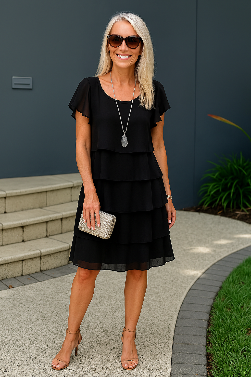 Flutter Sleeve Tiered Ruffle Layer Chiffon Midi Dress
