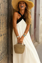 Contrast Cross Halter Neck Sleeveless Casual Maxi Dress