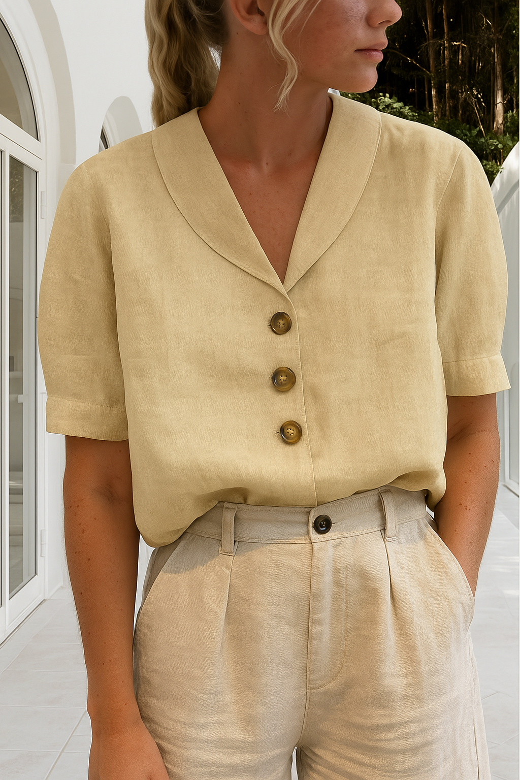 Shawl Collar Tortoiseshell Button Short Sleeve Linen Blouse