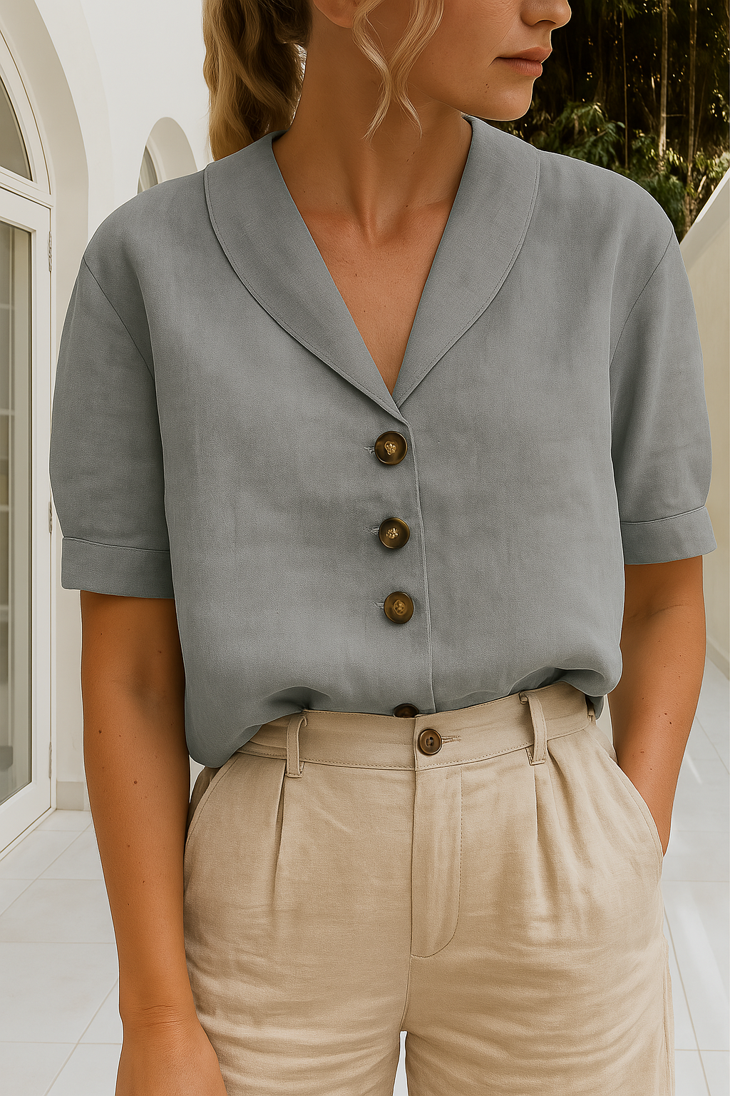 Shawl Collar Tortoiseshell Button Short Sleeve Linen Blouse