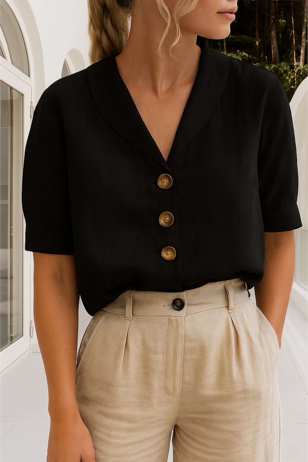 Shawl Collar Tortoiseshell Button Short Sleeve Linen Blouse