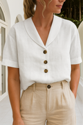 Shawl Collar Tortoiseshell Button Short Sleeve Linen Blouse
