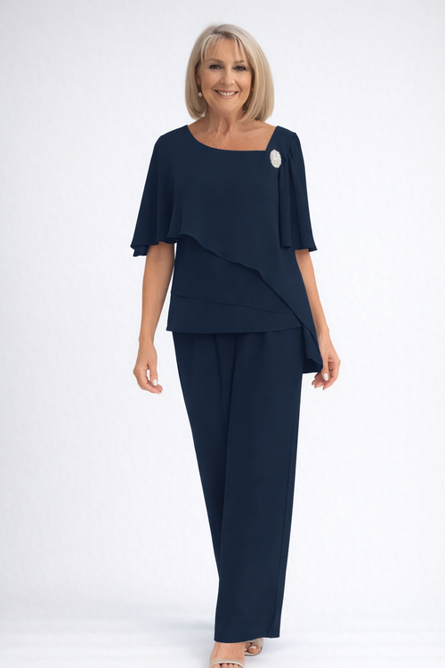 Chiffon Tiered Cape Top & Wide Leg Trouser Two Piece Set