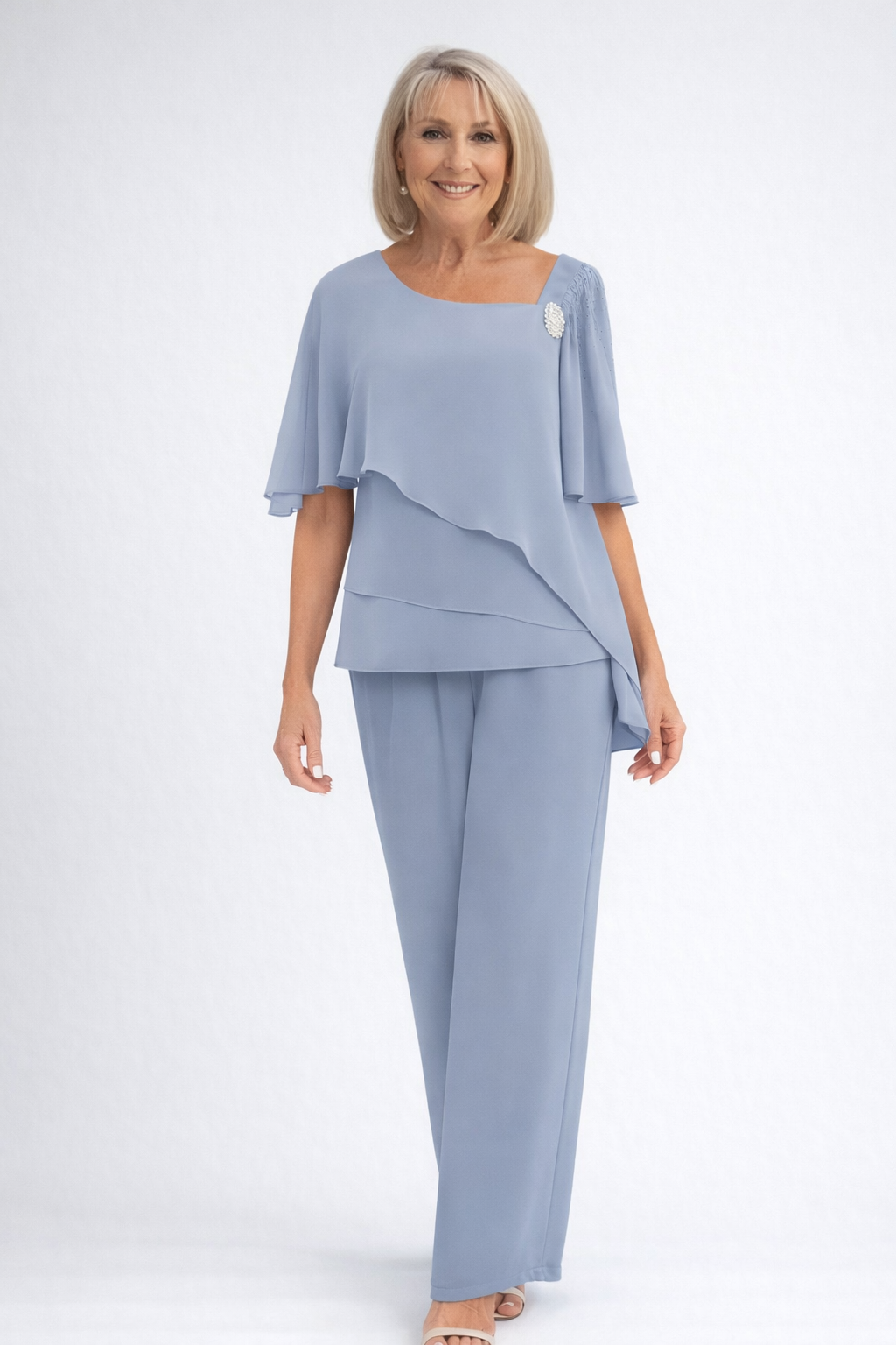 Chiffon Tiered Cape Top & Wide Leg Trouser Two Piece Set