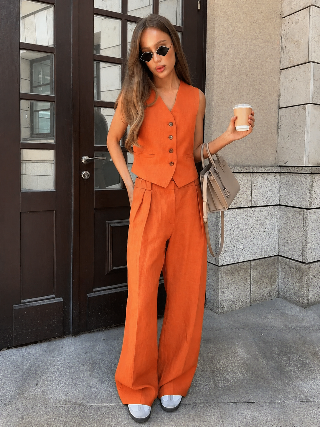 Linen Button Front Waistcoat and Wide Leg Pant Set