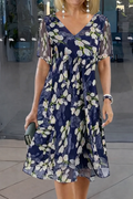 Floral Chiffon Flutter Sleeve V Neck A Line Midi Dress