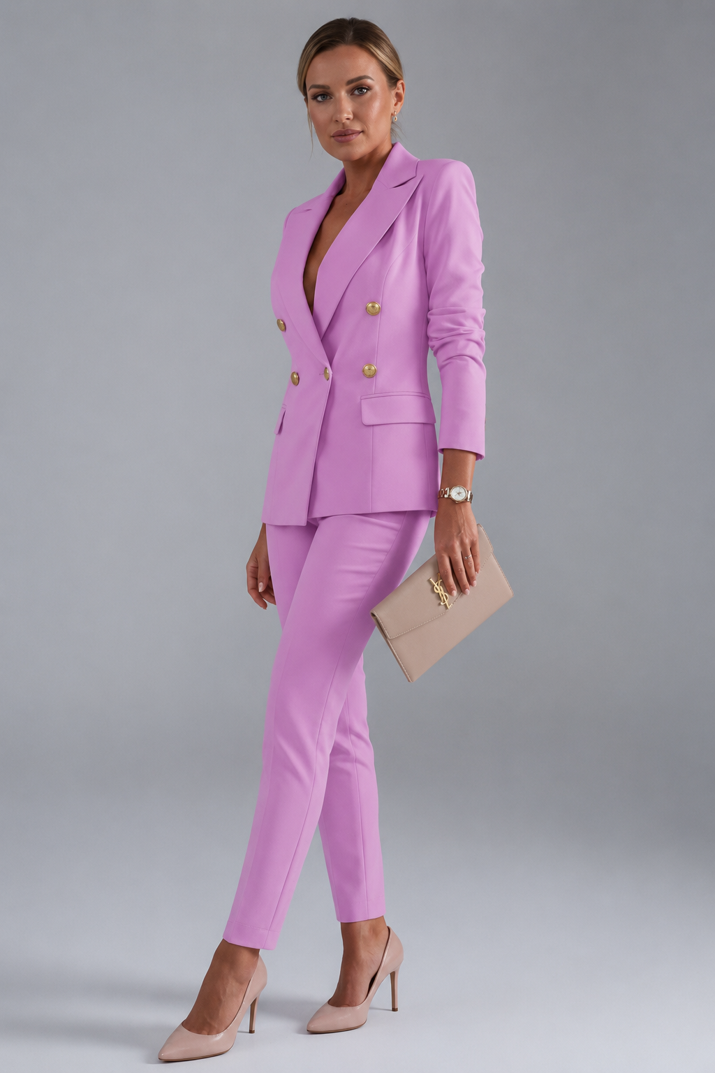 Double Breasted Gold Button Peak Lapel Blazer and Slim Pant Tailored Set