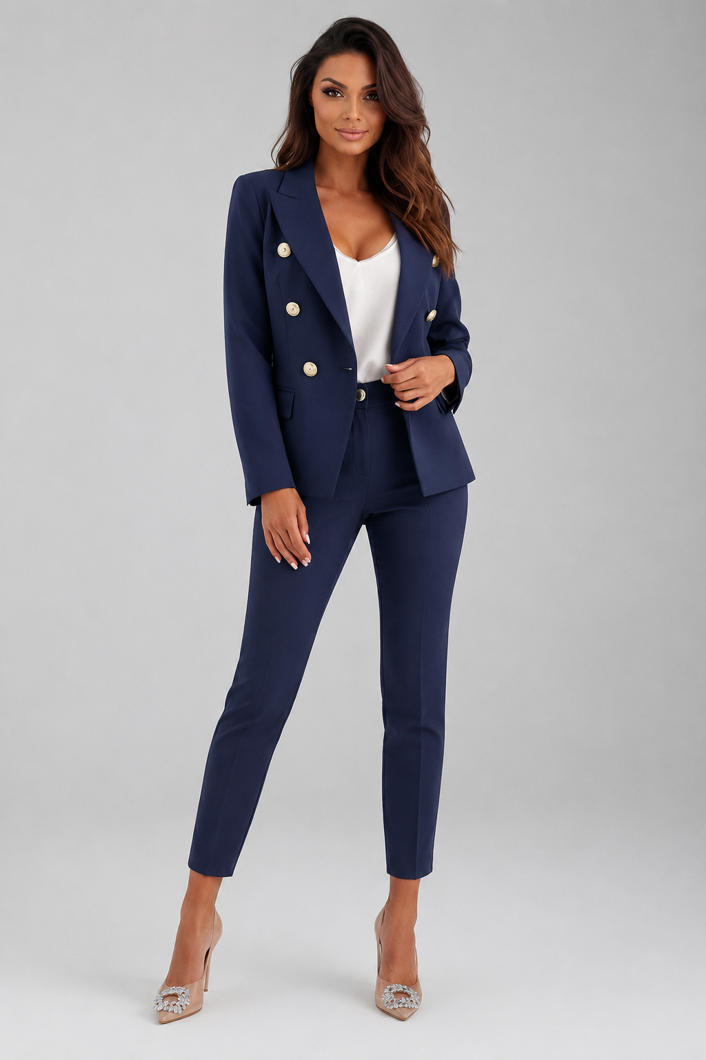 Double Breasted Gold Button Peak Lapel Blazer and Slim Pant Tailored Set
