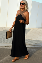 Contrast Cross Halter Neck Sleeveless Casual Maxi Dress