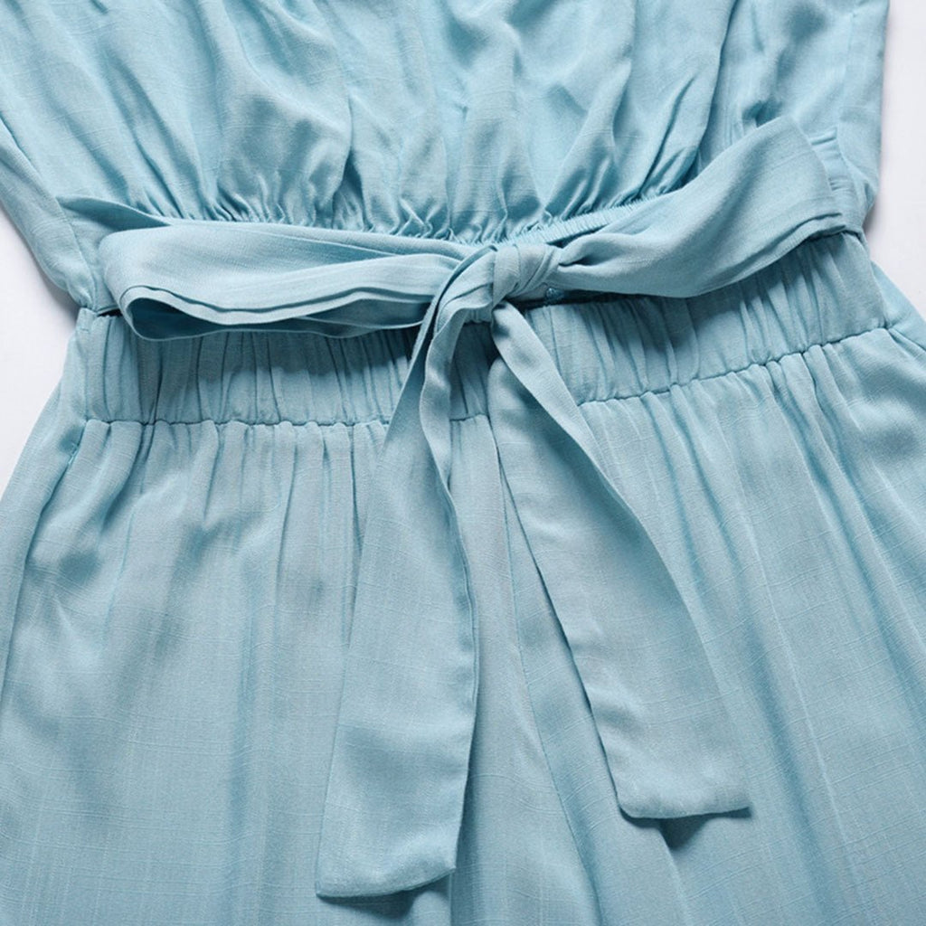 Strapless Bandeau Tie Waist Flowy Wide Leg Jumpsuit