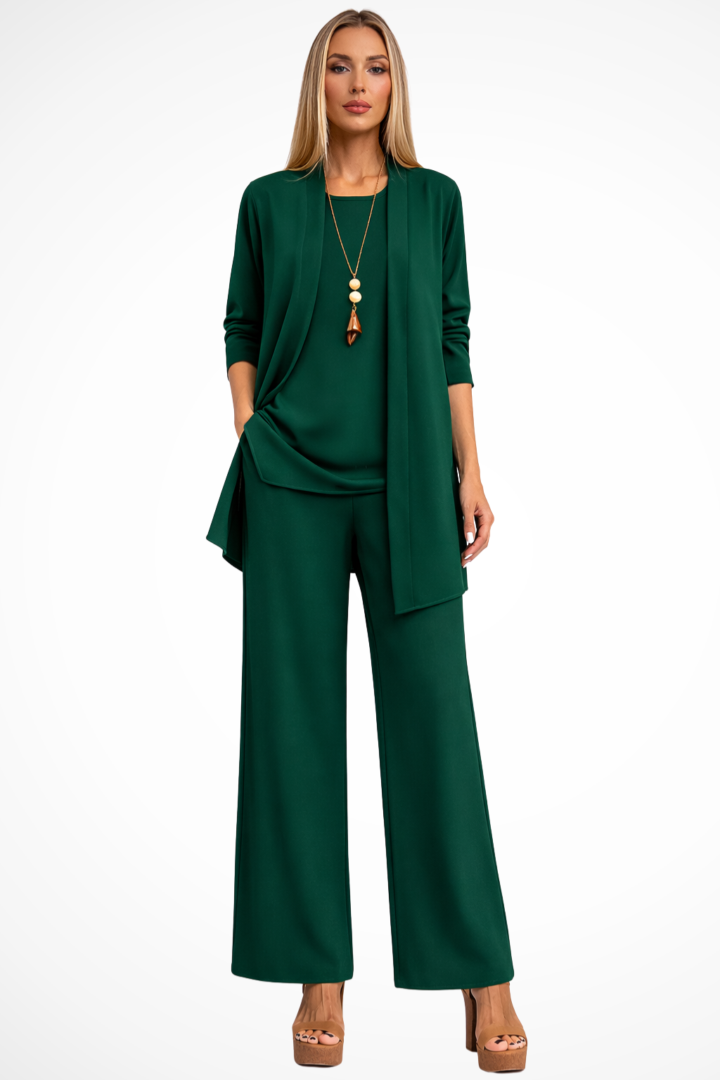 Draped Cardigan Wide Leg Trouser Elegant Three Piece Set