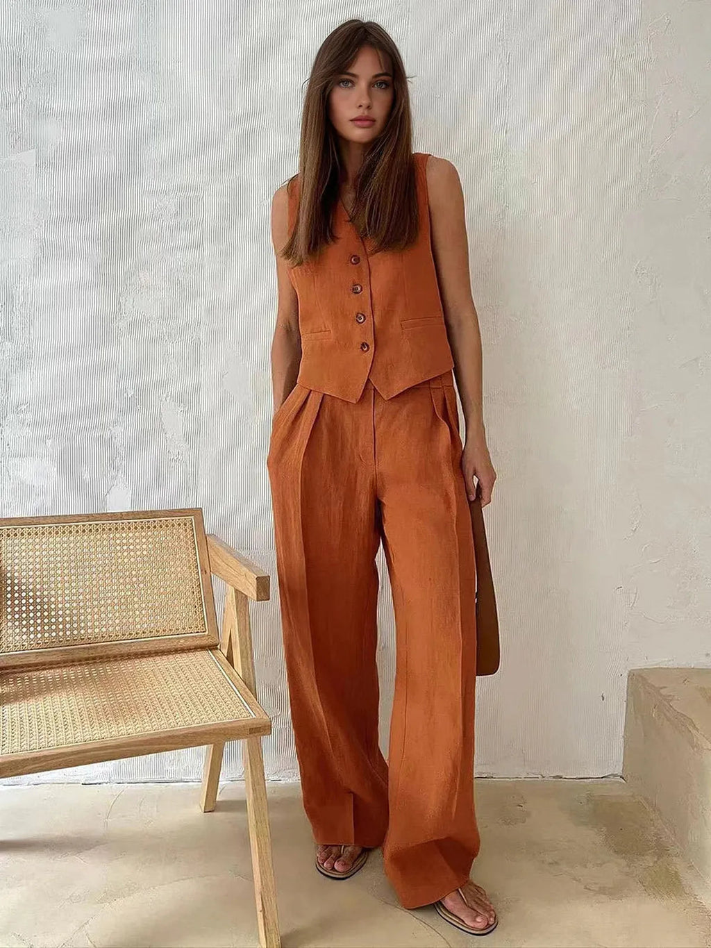 Tailored Linen Waistcoat Wide Leg Trouser Matching Set