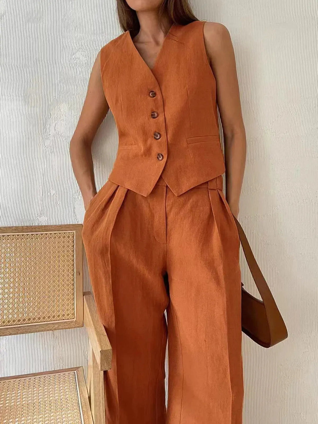 Tailored Linen Waistcoat Wide Leg Trouser Matching Set