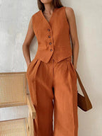 Tailored Linen Waistcoat Wide Leg Trouser Matching Set