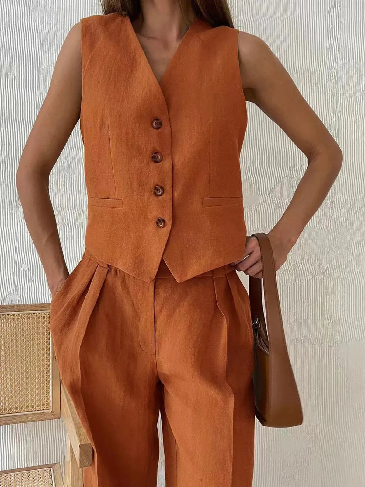 Tailored Linen Waistcoat Wide Leg Trouser Matching Set