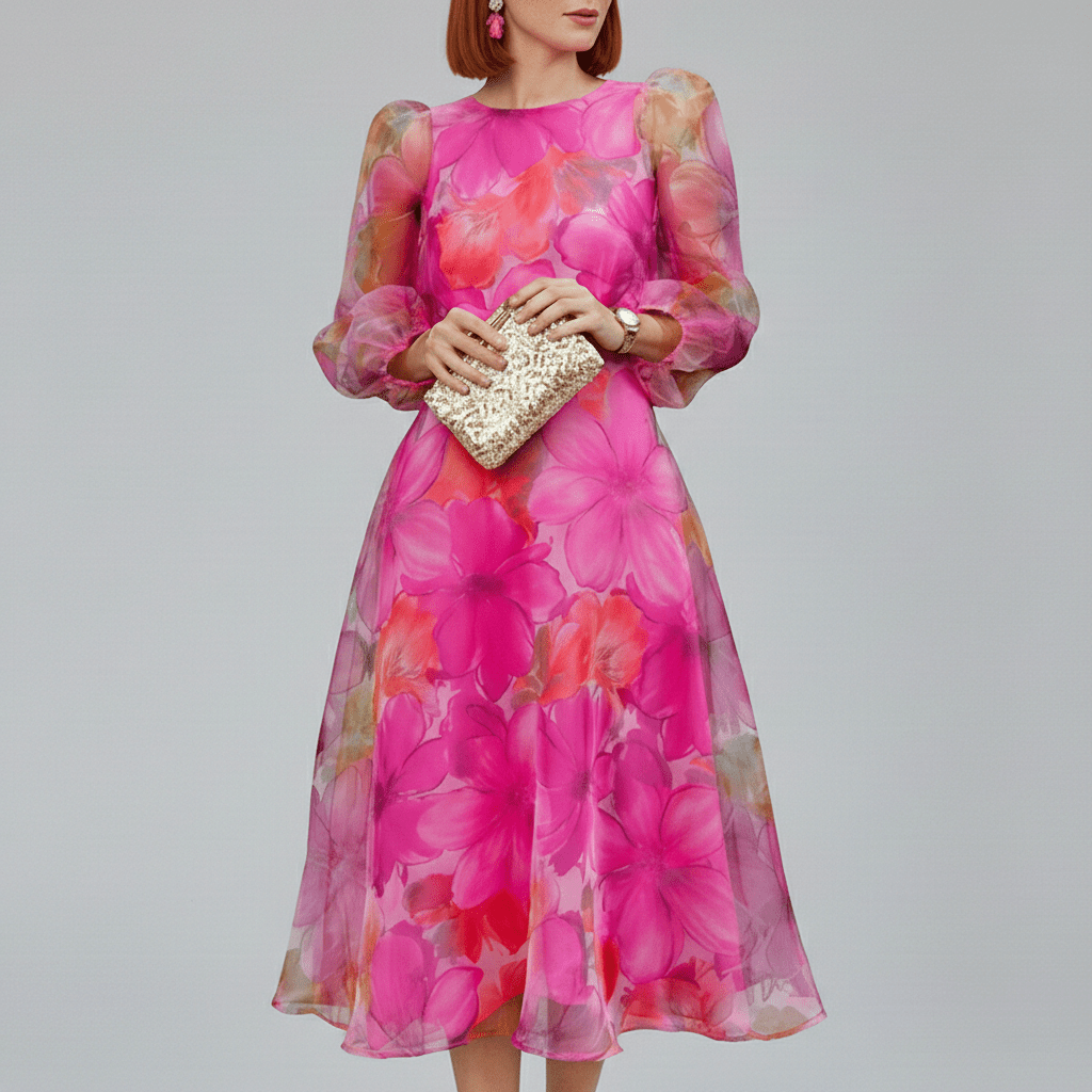 Floral Organza Puff Sleeve A Line Midi Dress - Wedding Guest