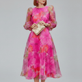 Floral Organza Puff Sleeve A Line Midi Dress - Wedding Guest