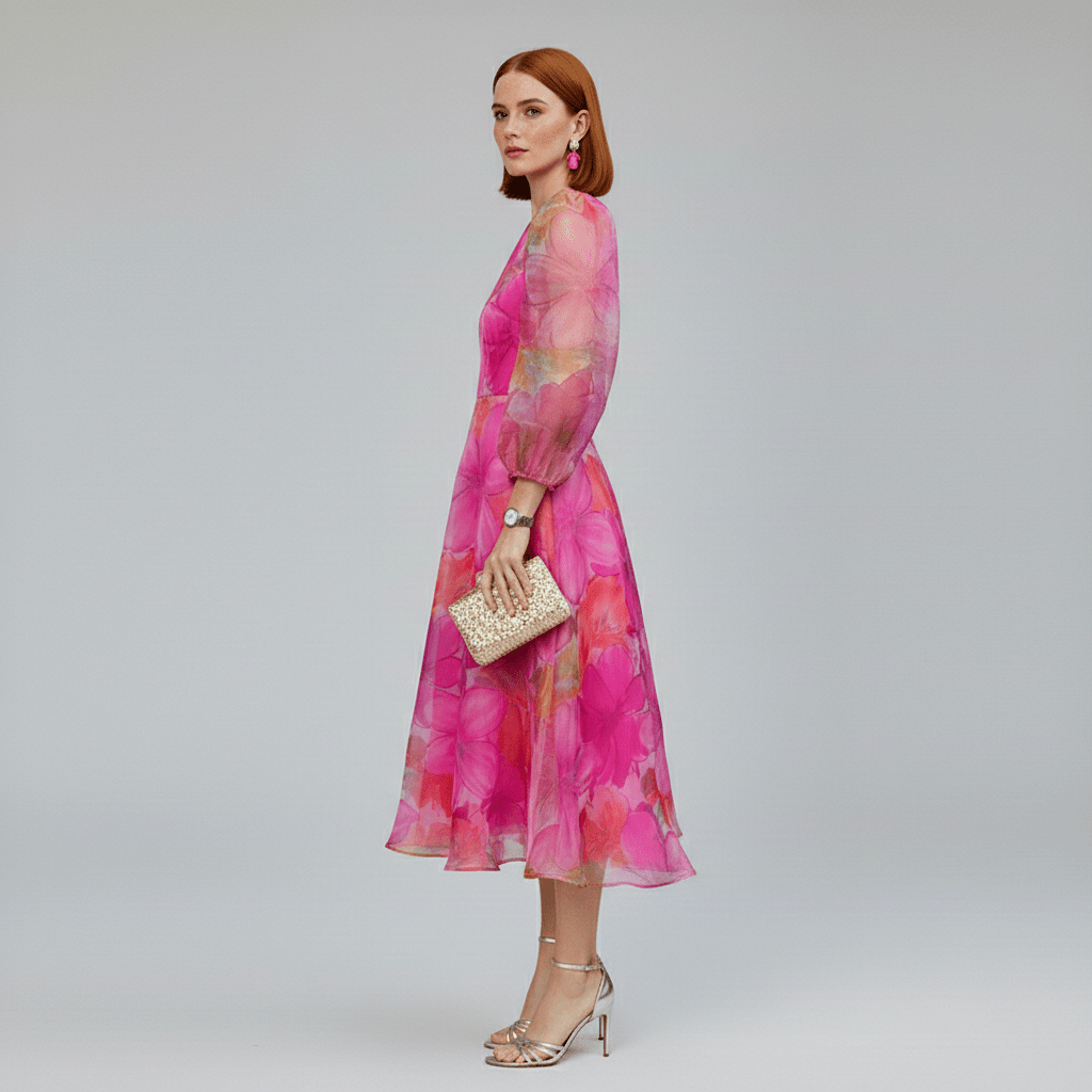 Floral Organza Puff Sleeve A Line Midi Dress - Wedding Guest