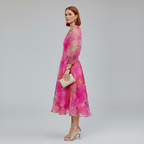 Floral Organza Puff Sleeve A Line Midi Dress - Wedding Guest