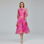 Floral Organza Puff Sleeve A Line Midi Dress - Wedding Guest