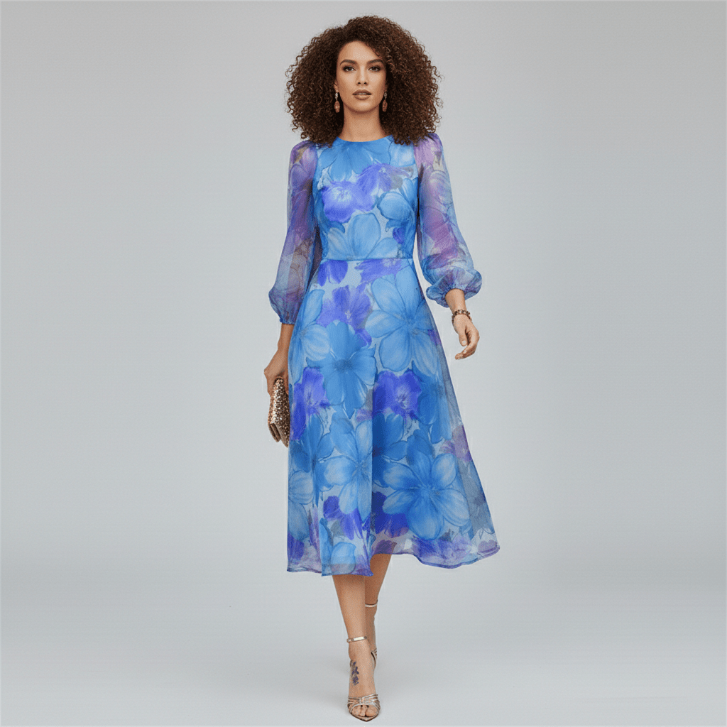 Floral Organza Puff Sleeve A Line Midi Dress - Wedding Guest