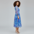 Floral Organza Puff Sleeve A Line Midi Dress - Wedding Guest
