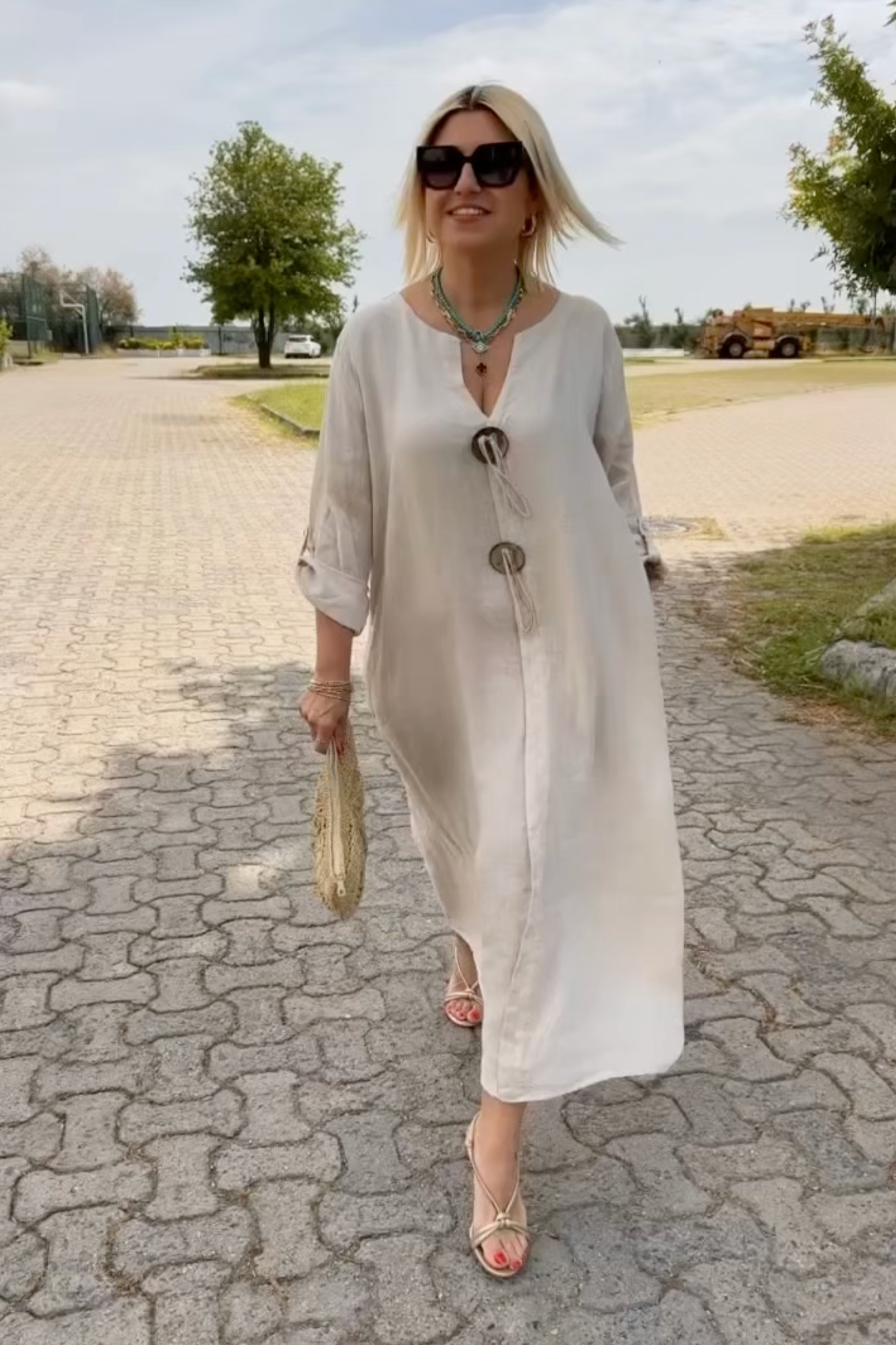 Linen Oversized V Neck Roll Sleeve Casual Maxi Dress
