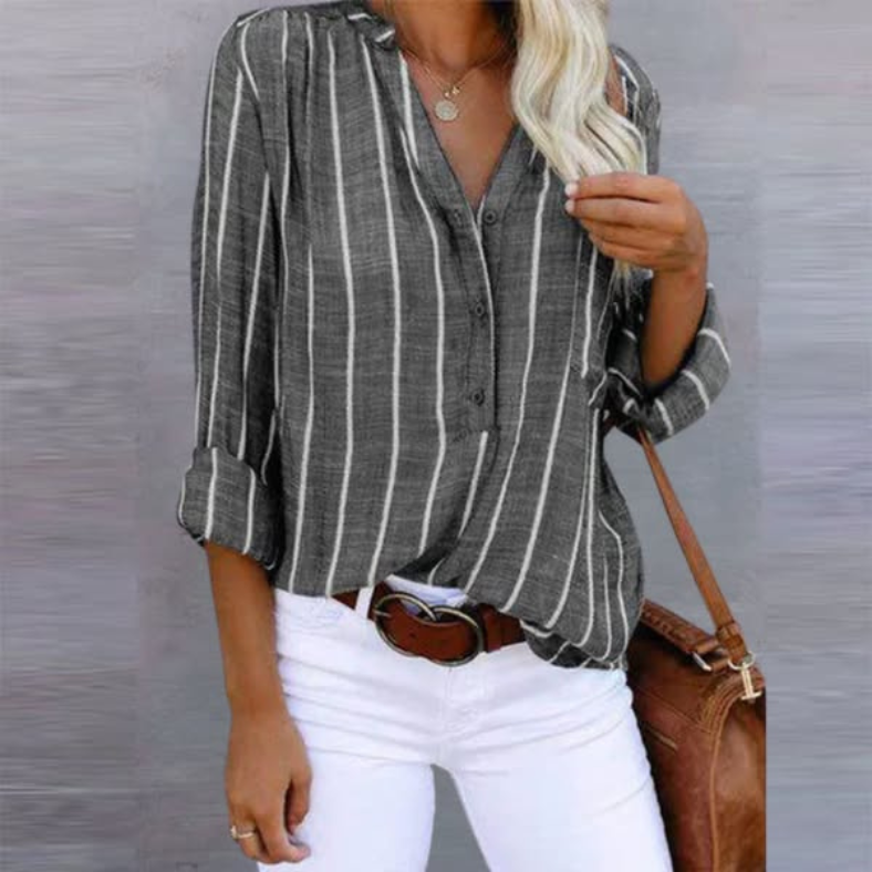 Striped Linen V Neck Long Sleeve Oversized Casual Blouse