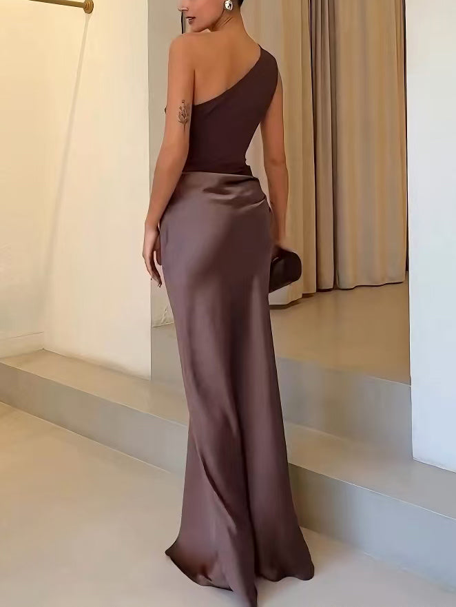 One Shoulder Ruched Satin Maxi Dress - Wedding Guest