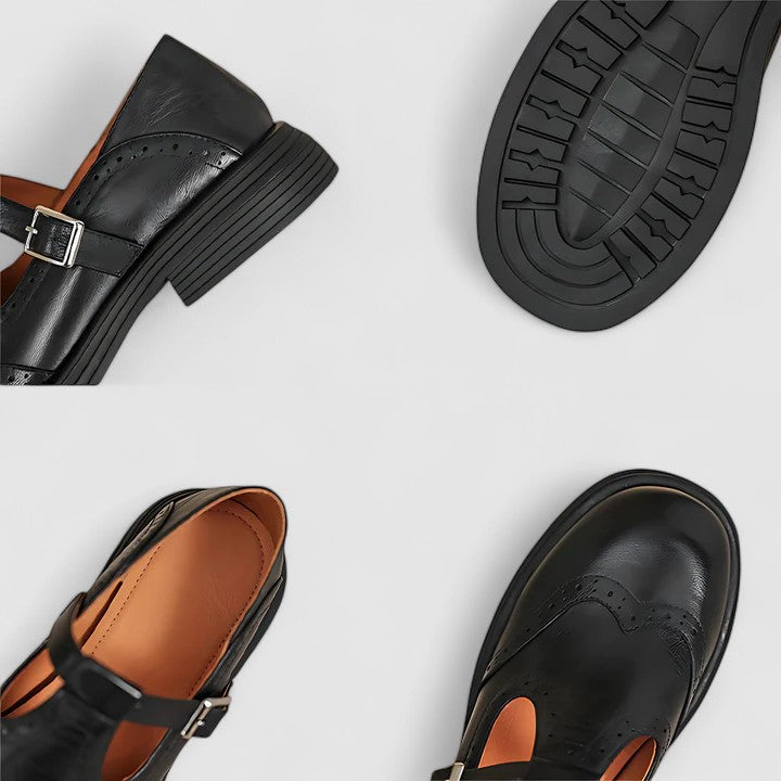 Brogue Detail T-Bar Buckle Vintage Leather Mary Jane Flat