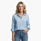 Scallop Collar Button Down Roll Tab Sleeve Relaxed Linen Shirt