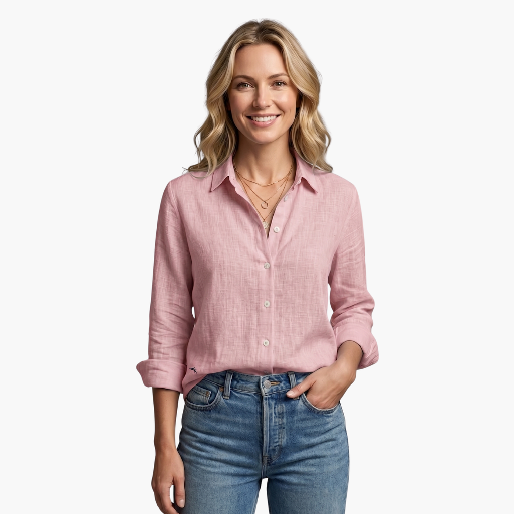 Scallop Collar Button Down Roll Tab Sleeve Relaxed Linen Shirt