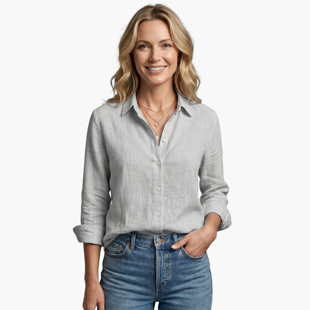 Scallop Collar Button Down Roll Tab Sleeve Relaxed Linen Shirt