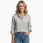 Scallop Collar Button Down Roll Tab Sleeve Relaxed Linen Shirt