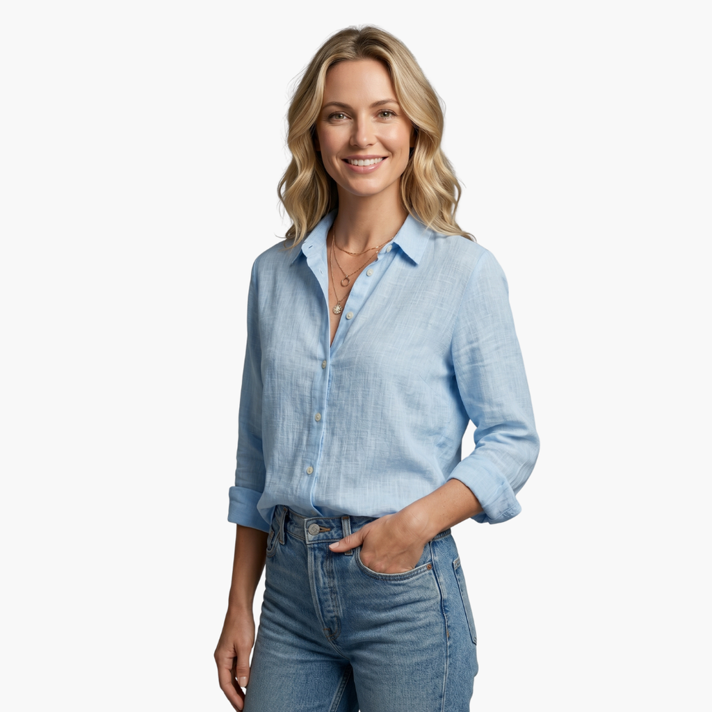Scallop Collar Button Down Roll Tab Sleeve Relaxed Linen Shirt