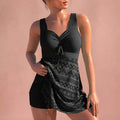 Geometric Lace Overlay Cinch Front Tummy Control Swim Dress