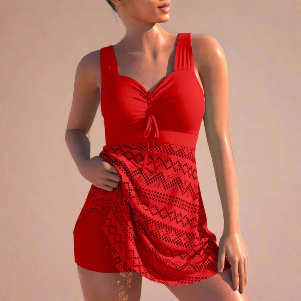 Geometric Lace Overlay Cinch Front Tummy Control Swim Dress