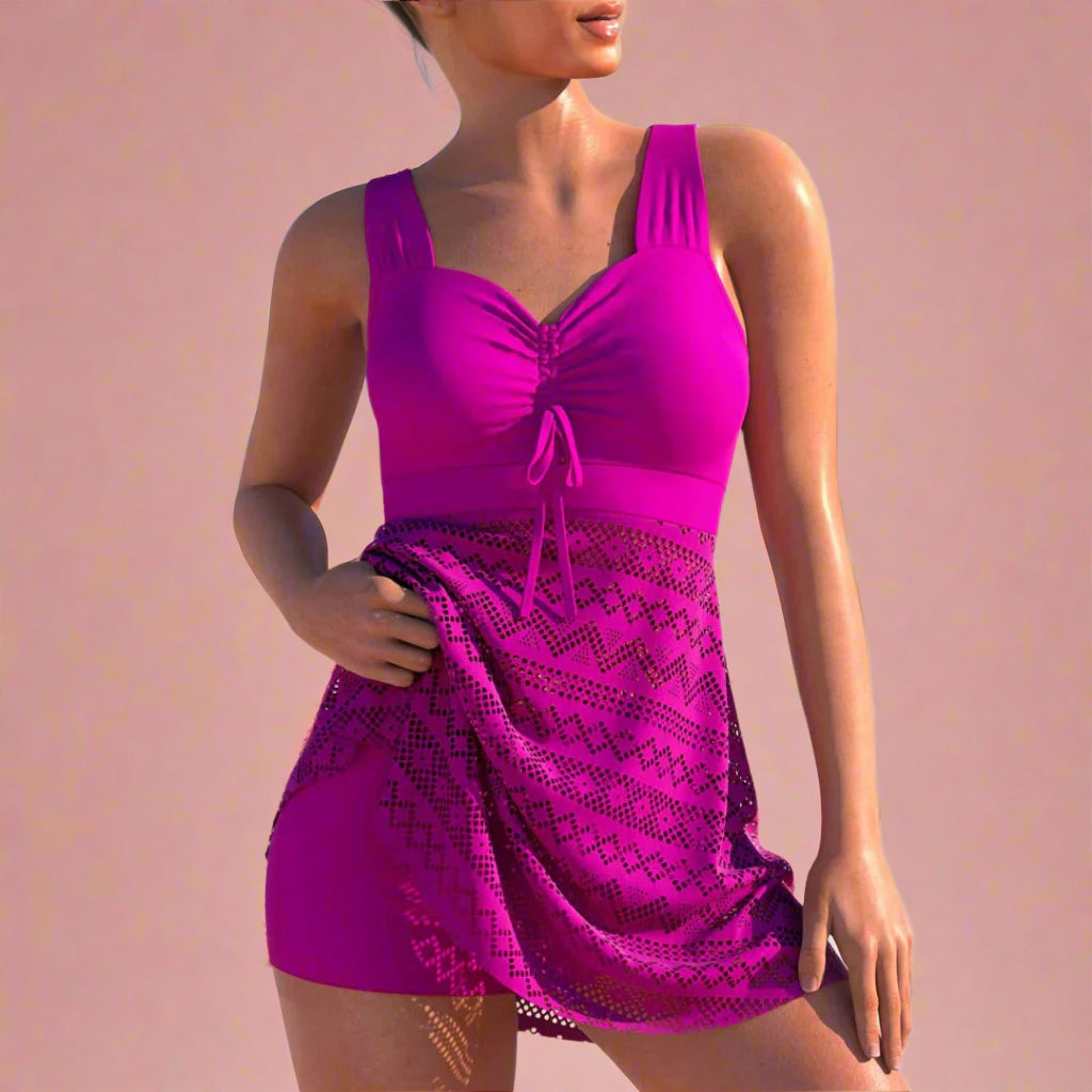 Geometric Lace Overlay Cinch Front Tummy Control Swim Dress