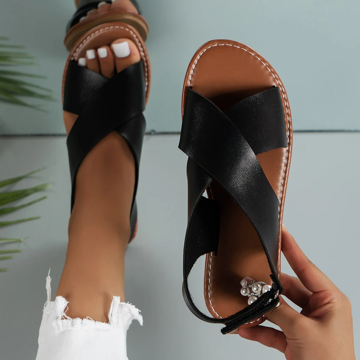 Cross Strap Buckle Slingback Leather Flat Sandal