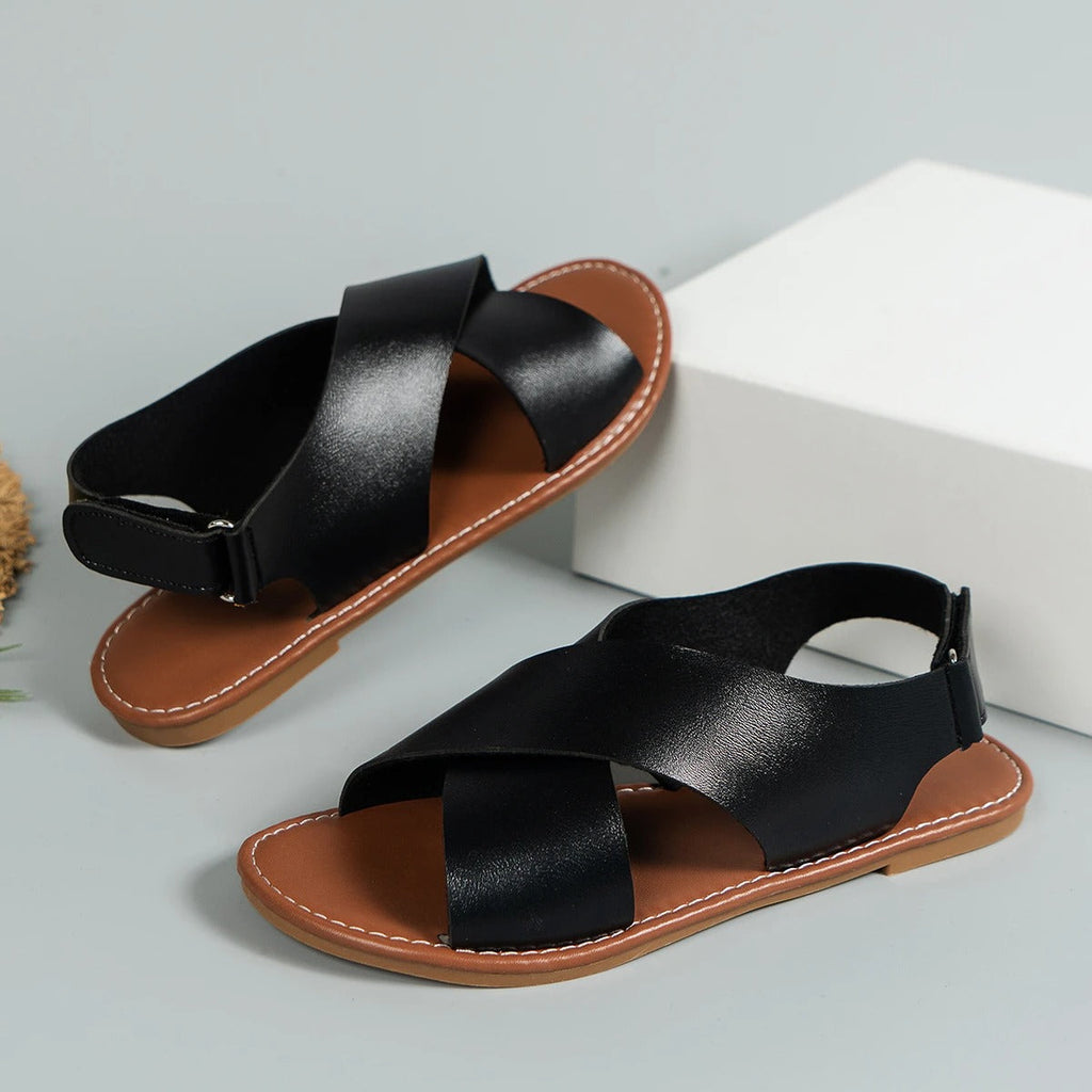 Cross Strap Buckle Slingback Leather Flat Sandal
