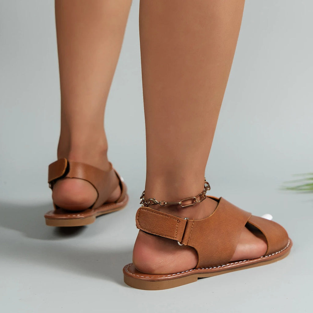 Cross Strap Buckle Slingback Leather Flat Sandal