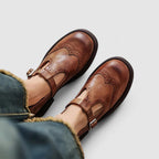 Brogue Detail T-Bar Buckle Vintage Leather Mary Jane Flat
