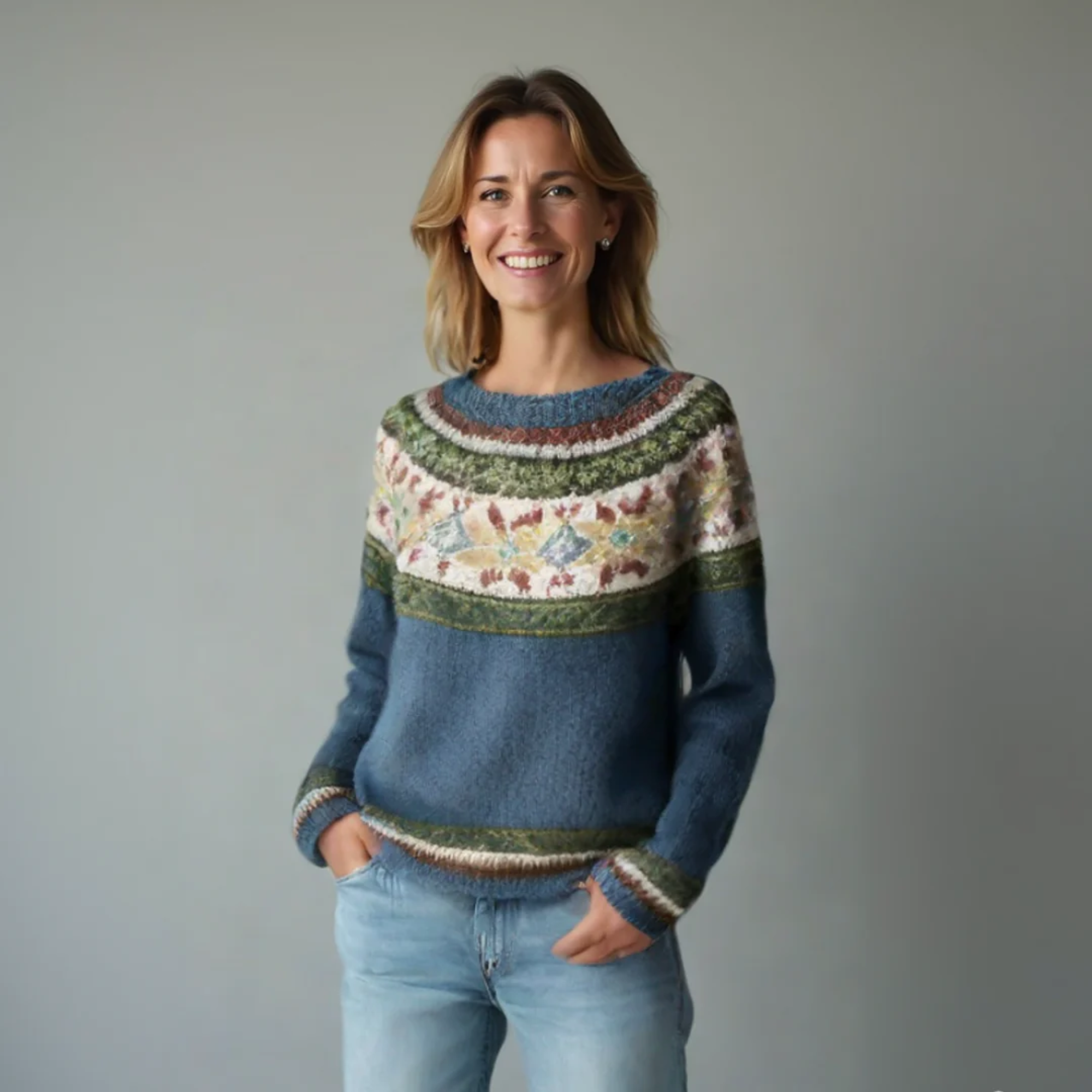 Fair Isle Stripe Yoke Boat Neck Relaxed Knit Sweater