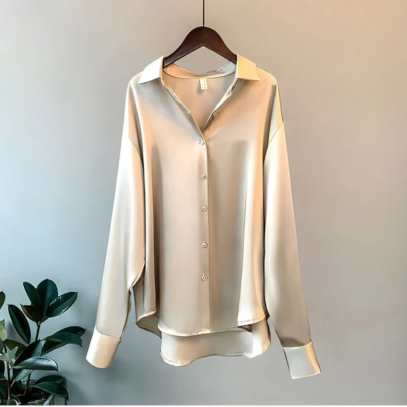 Satin Oversized Button Down Long Sleeve Relaxed Blouse