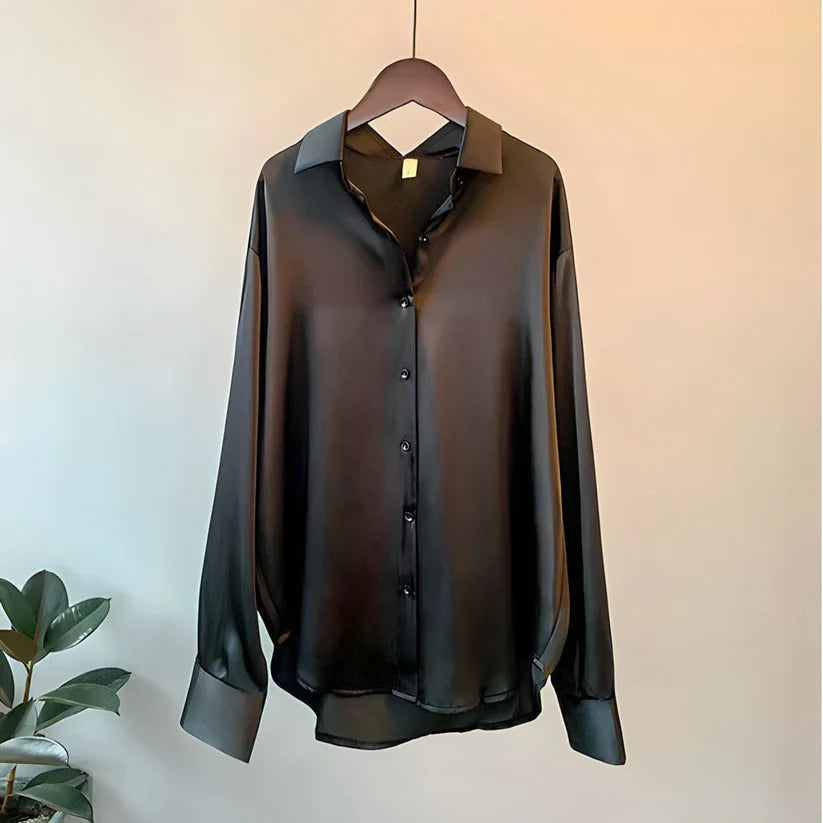 Satin Oversized Button Down Long Sleeve Relaxed Blouse