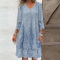 Lace Trim Embroidered Boho Button V-Neck Casual Midi Dress